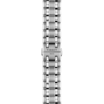 Silver watch bracelet with Tissot logo on a white background