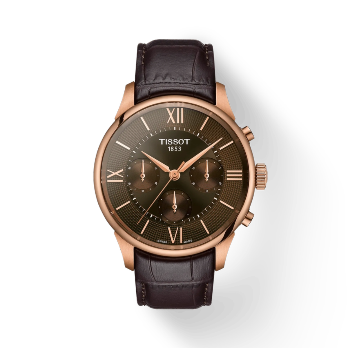 Tissot watch with black leather strap and rose gold case on white background