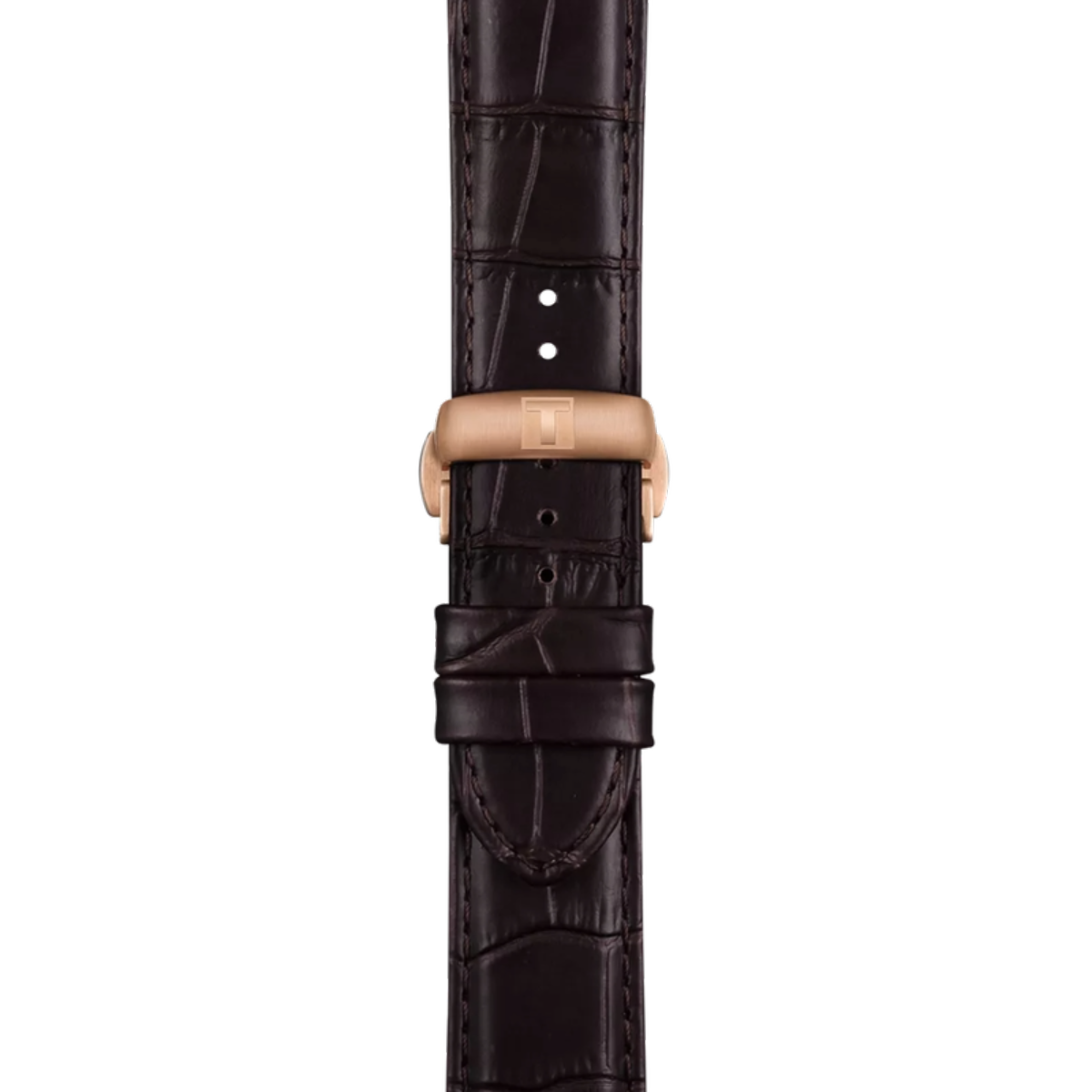 Brown crocodile leather watch strap with rose gold clasp on a white background