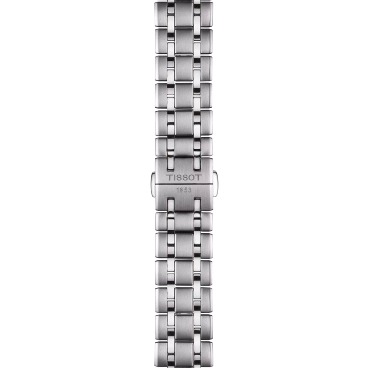 Silver watch bracelet with Tissot logo on a white background
