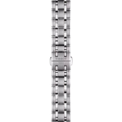 Silver watch bracelet with Tissot logo on a white background