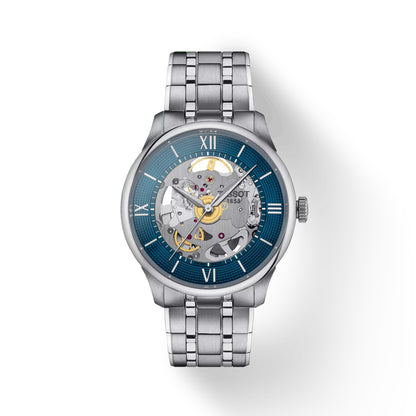Silver watch with a blue face on a white background