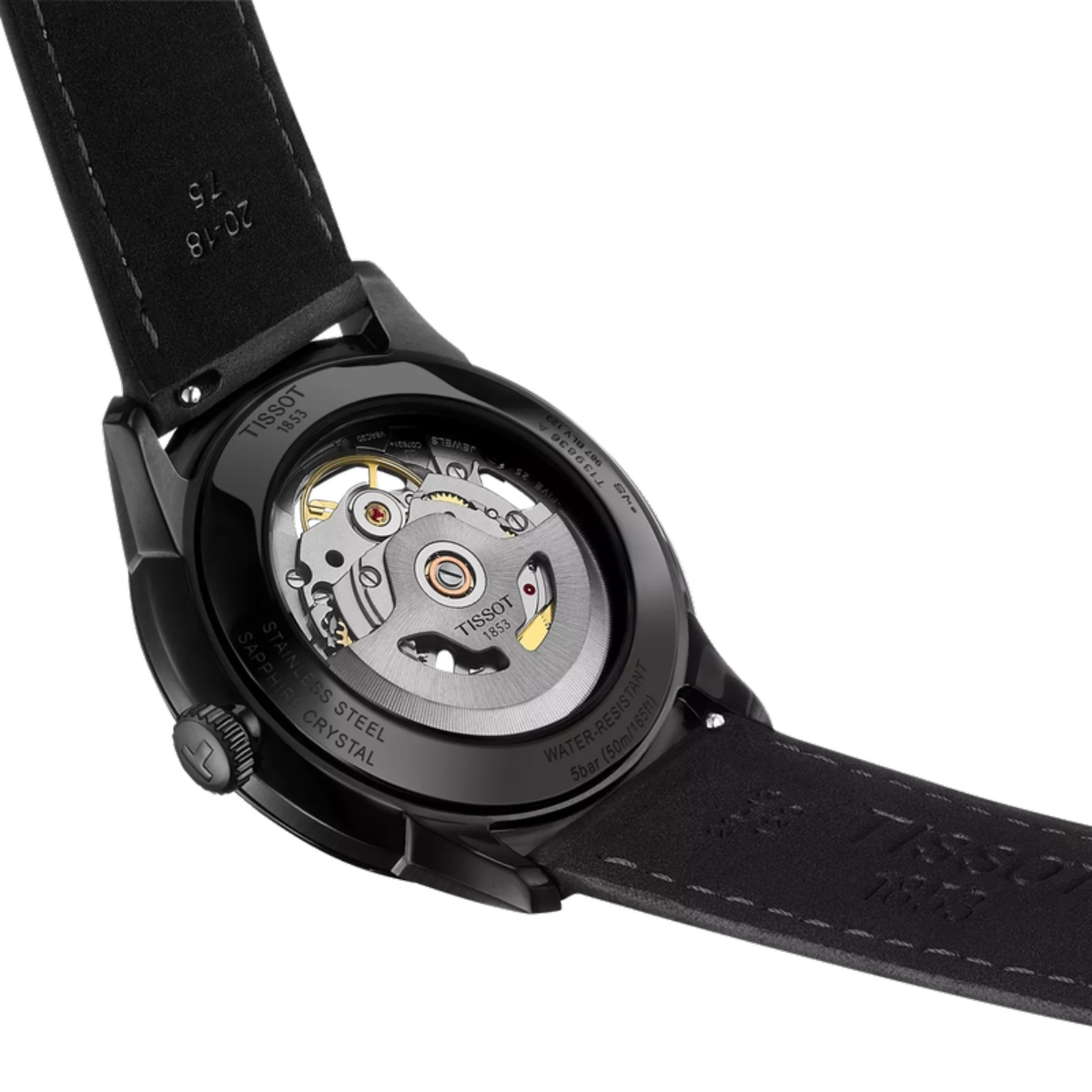 Close-up of a Tissot watch with visible movement and black strap on a white background