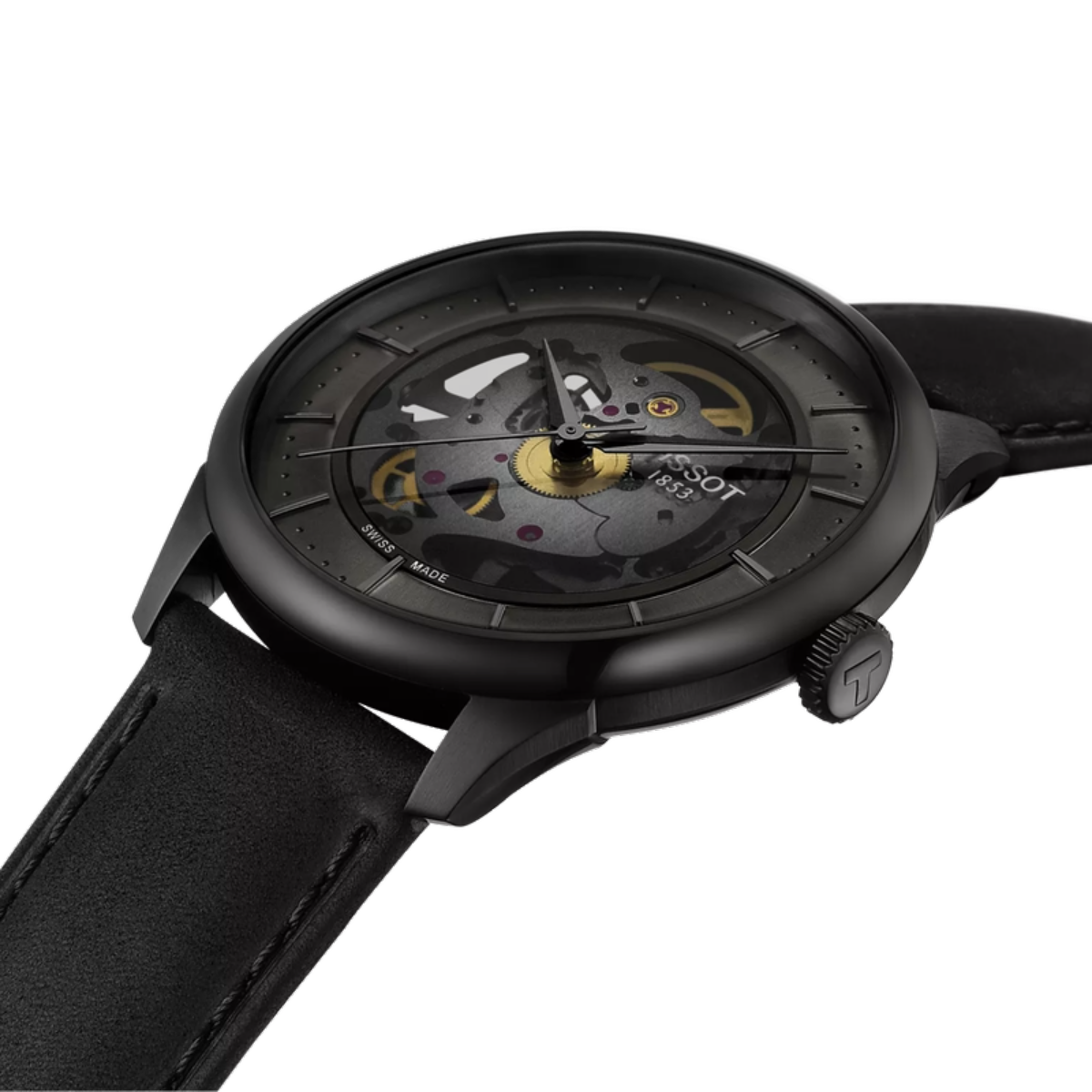 Black watch with visible mechanism on a white background