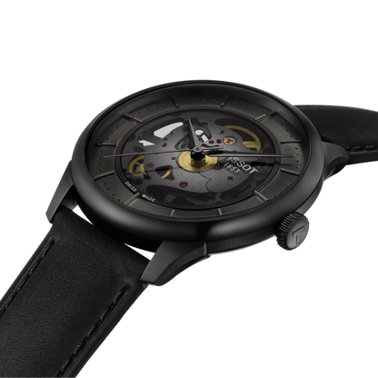 Black watch with visible mechanism on a white background
