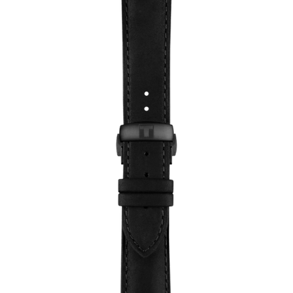 Black leather watch strap on a white background