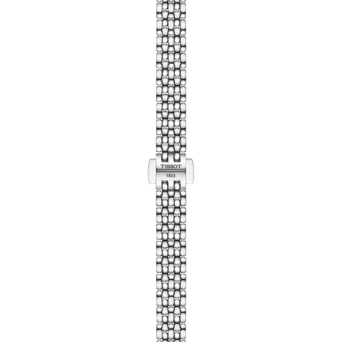 Silver watch strap with Tissot logo on a white background