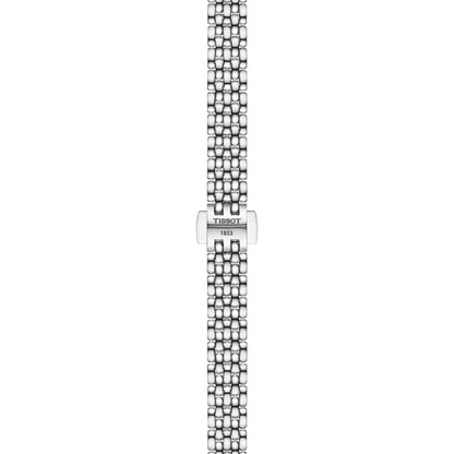 Silver watch strap with Tissot logo on a white background