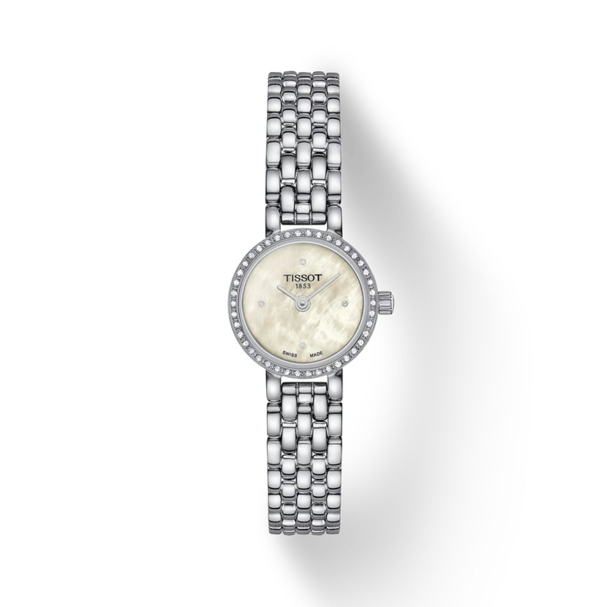 Silver Tissot watch with a white face on a white background