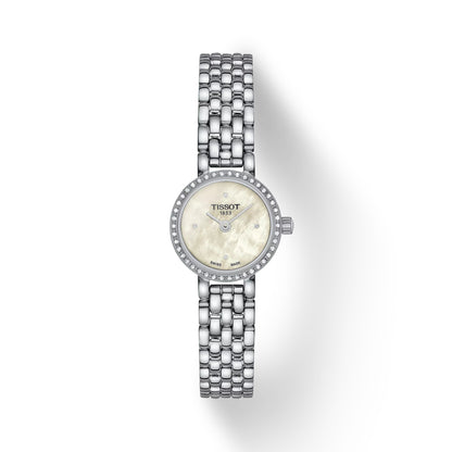Silver Tissot watch with a white face on a white background