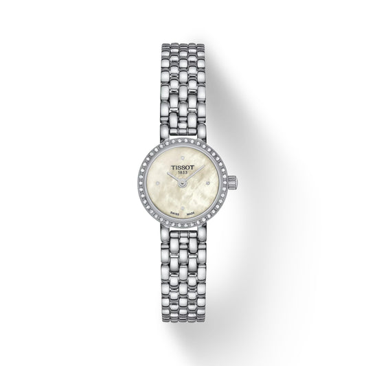 Silver Tissot watch with a white face on a white background