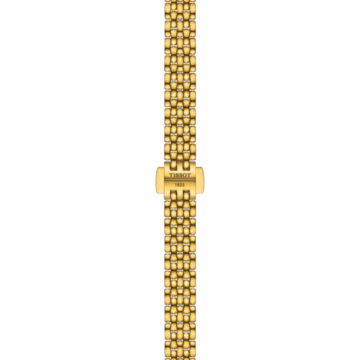 Gold watch strap with Tissot logo on a white background