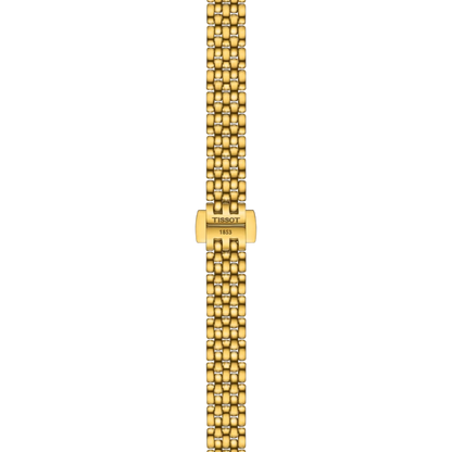 Gold watch strap with Tissot logo on a white background