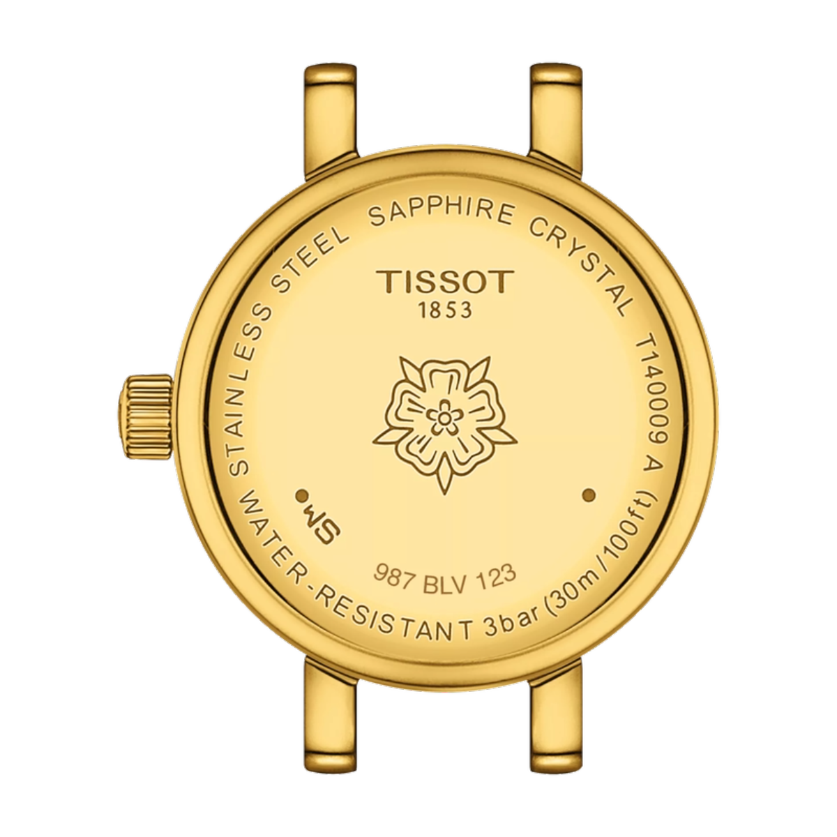 Gold watch case with Tissot branding on a white background