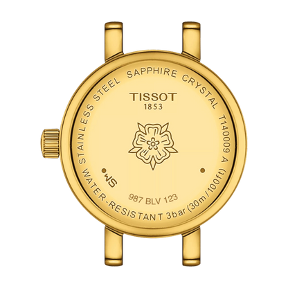Gold watch case with Tissot branding on a white background