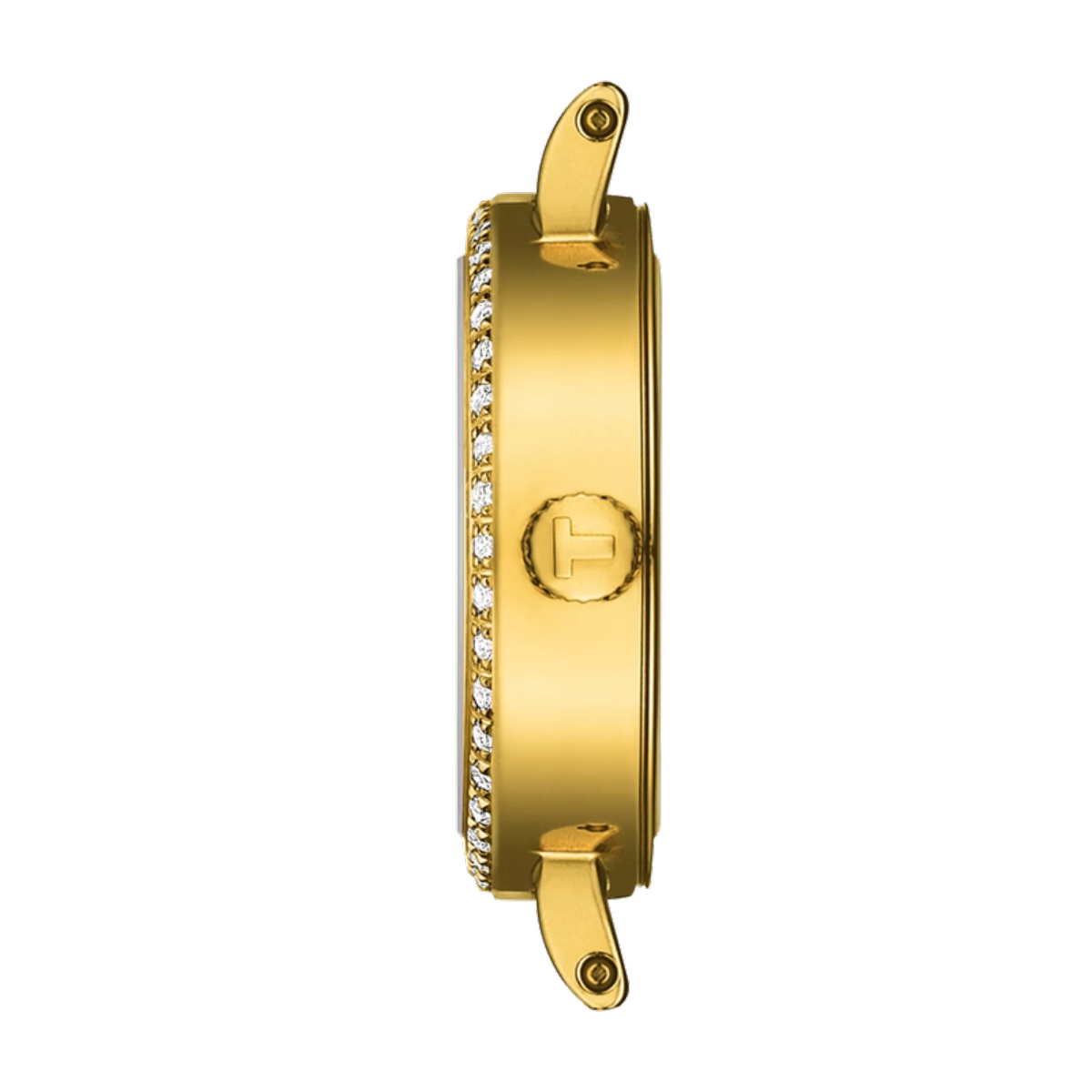 Gold watch case with diamond accents on a white background