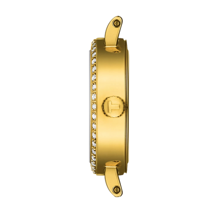 Gold watch case with diamond accents on a white background