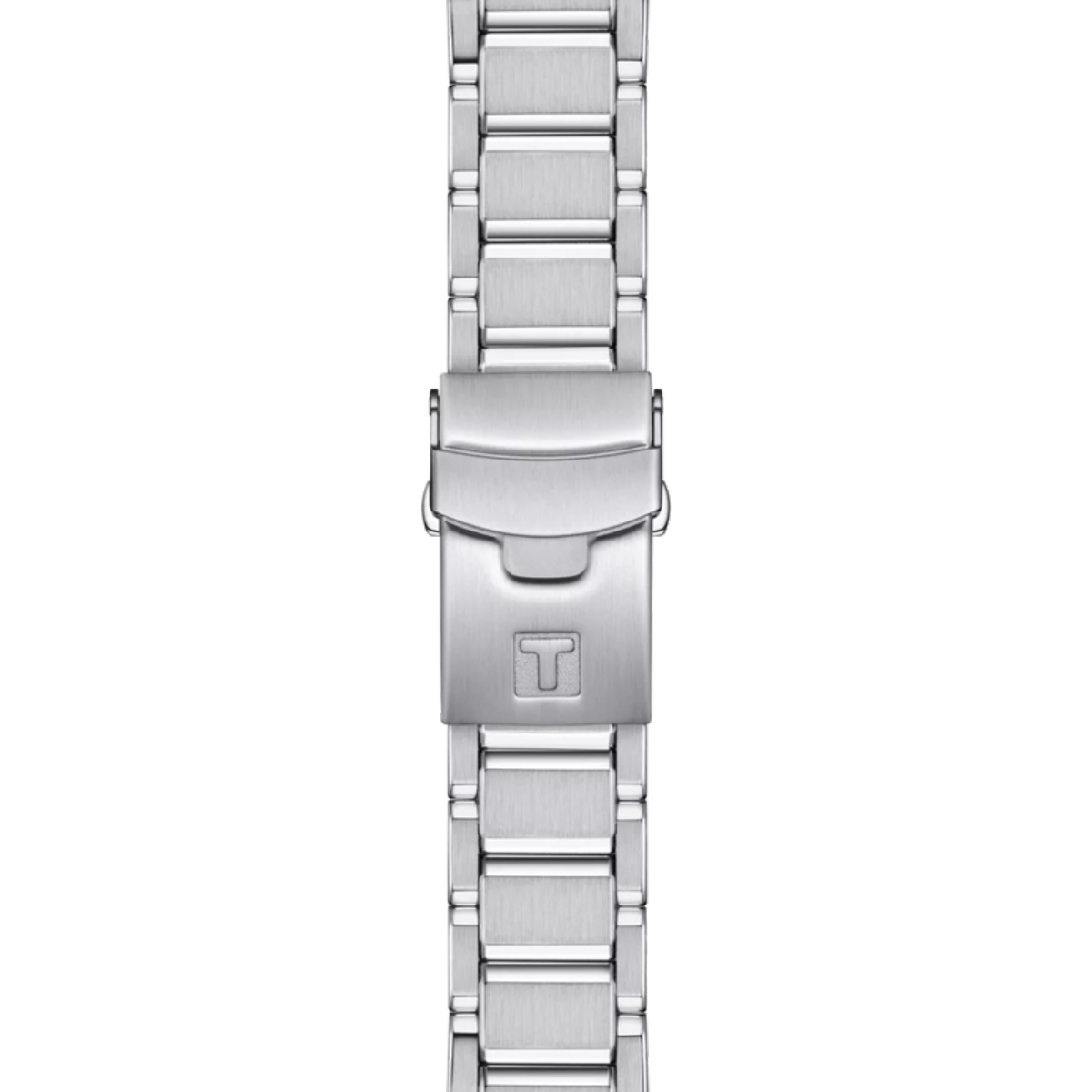Silver watch strap with brand logo on a white background