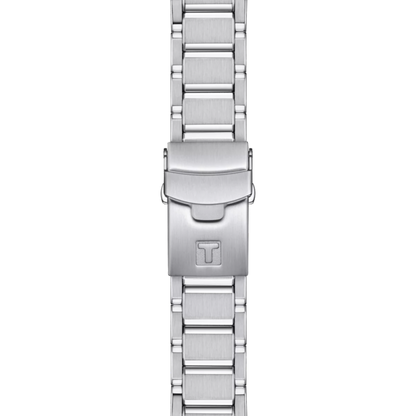 Silver watch strap with brand logo on a white background