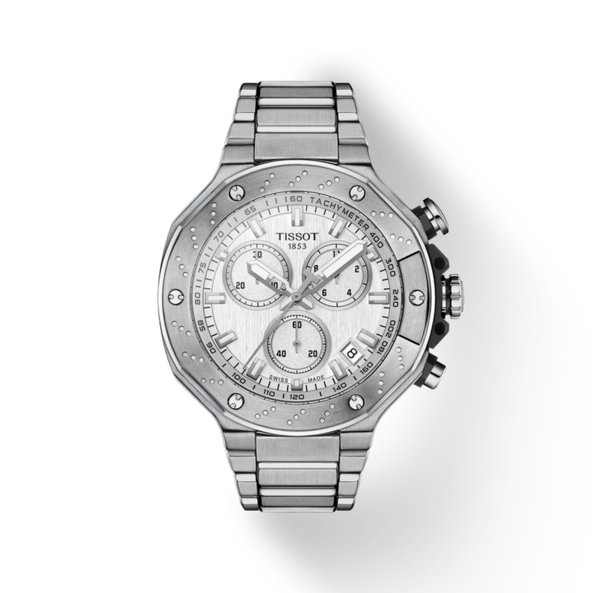 Silver Tissot watch with a detailed face on a white background