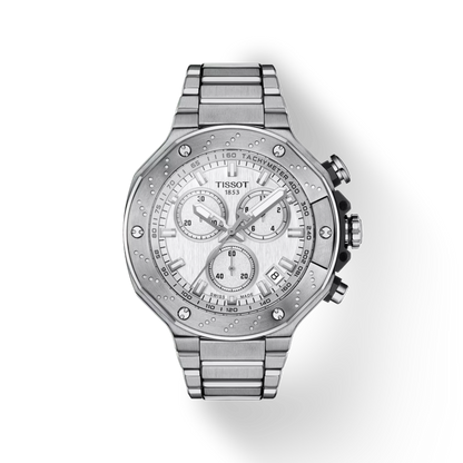 Silver Tissot watch with a detailed face on a white background