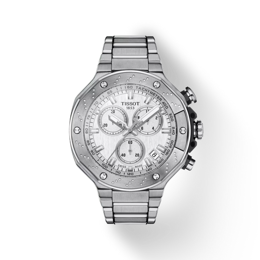 Silver Tissot watch with a detailed face on a white background