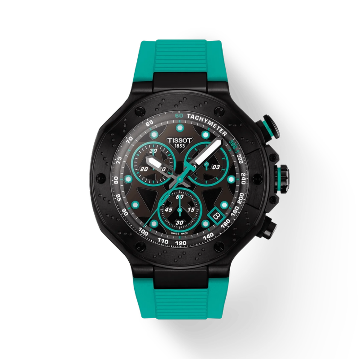 Tissot watch with teal and black design on a white background