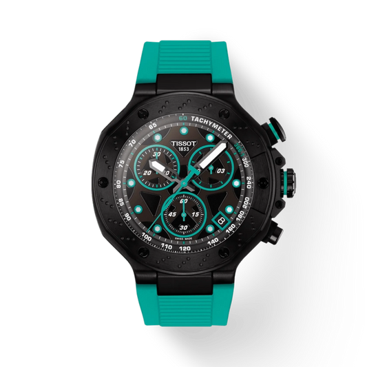 Tissot watch with teal and black design on a white background