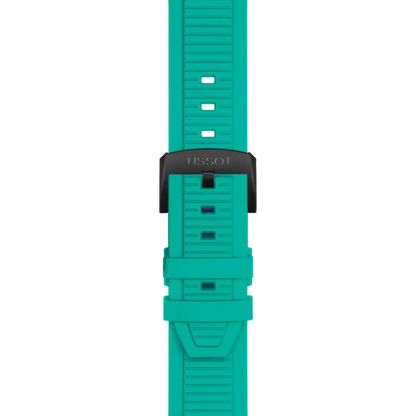 Teal watch strap with Tissot logo on a white background