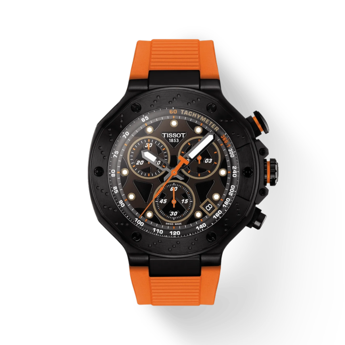 Wristwatch with orange and black strap on a white background