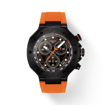 Wristwatch with orange and black strap on a white background