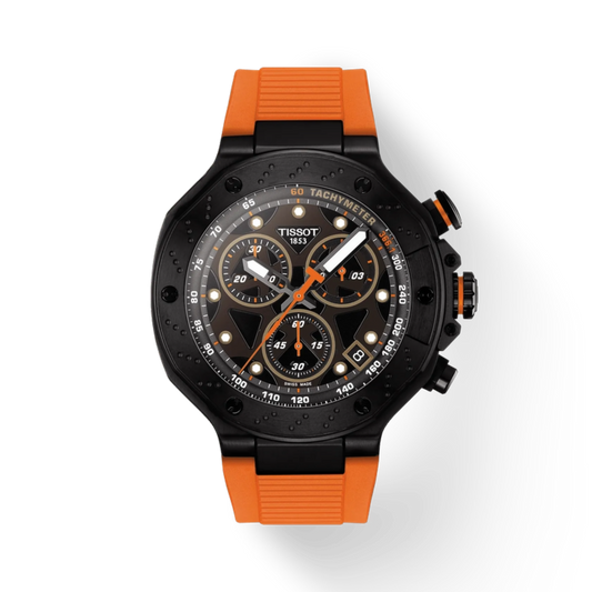 Wristwatch with orange and black strap on a white background