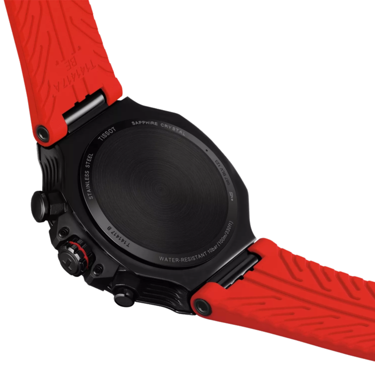 Close-up of a watch with a red strap on a white background