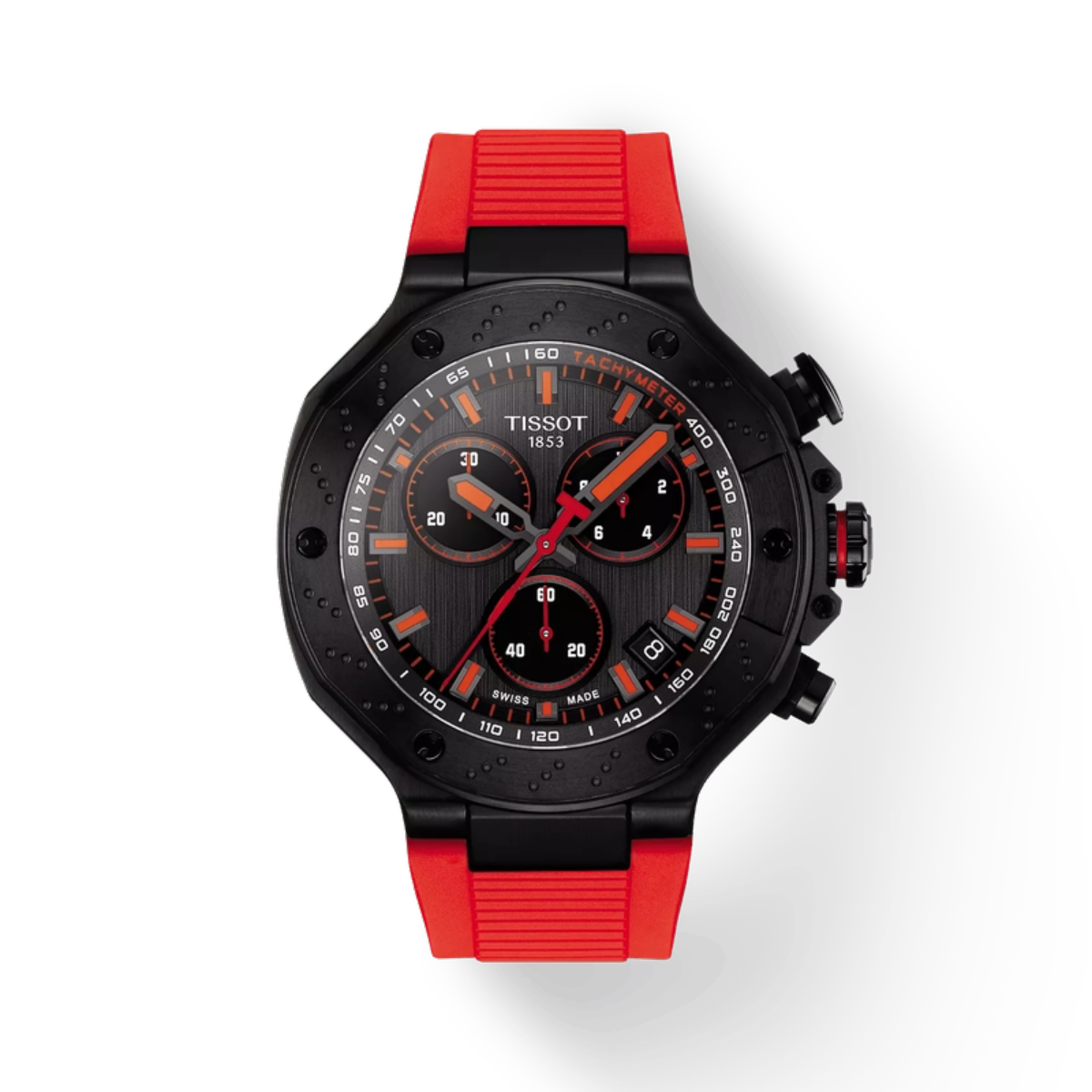 Tissot watch with red and black strap on a white background
