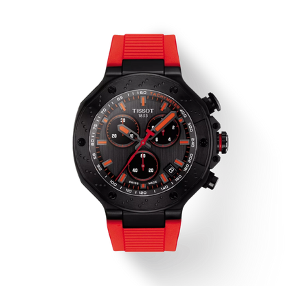 Tissot watch with red and black strap on a white background