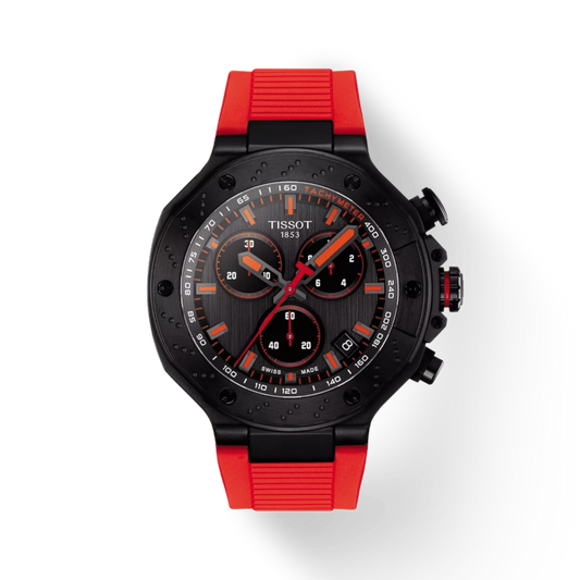 Tissot watch with red and black strap on a white background