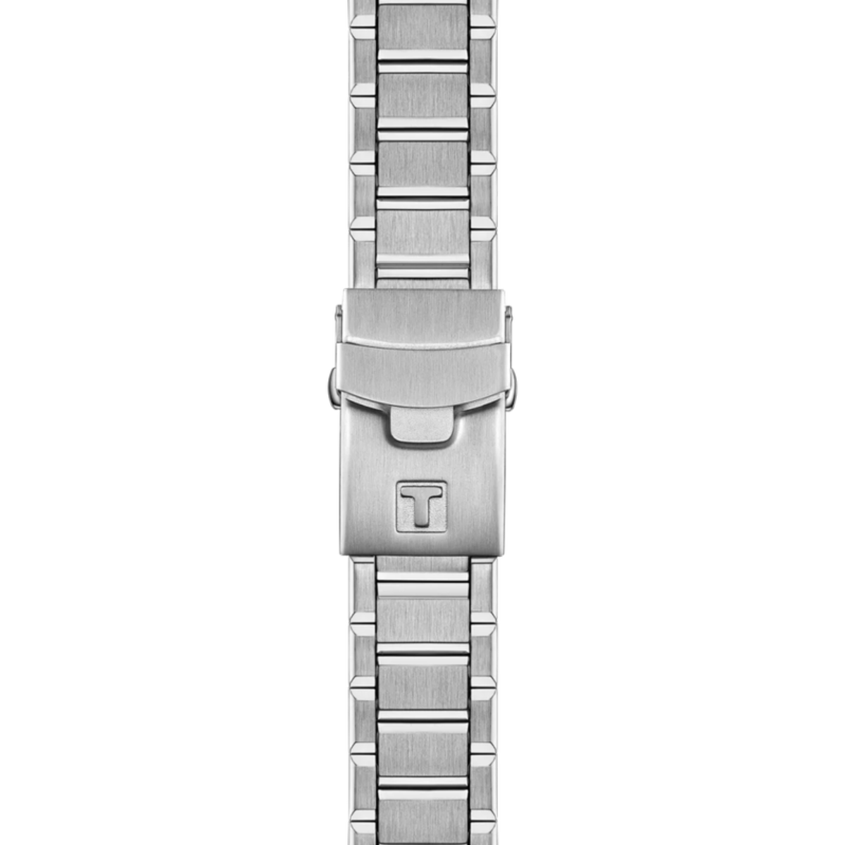Silver watch strap with a clasp on a white background