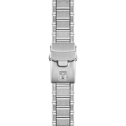 Silver watch strap with a clasp on a white background