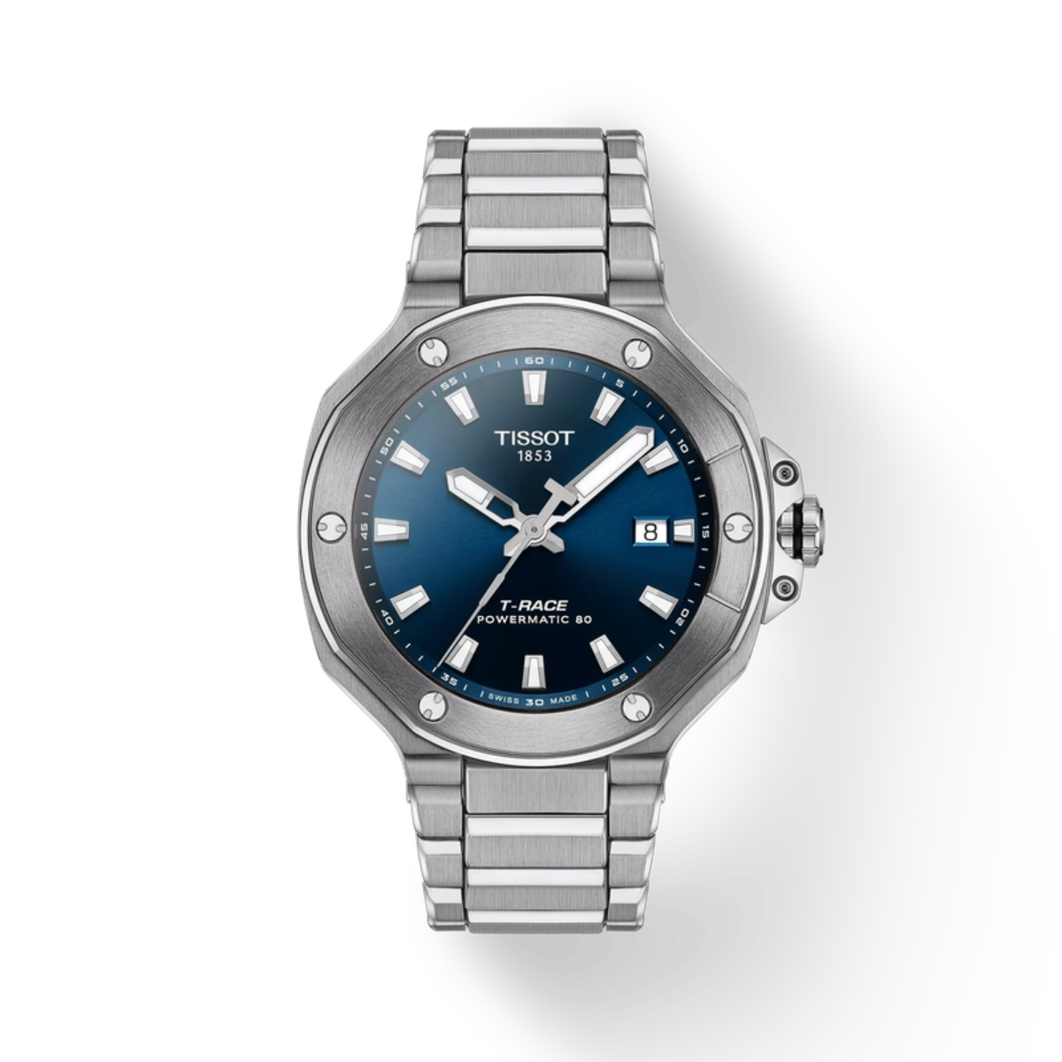 Silver Tissot watch with blue dial on a white background