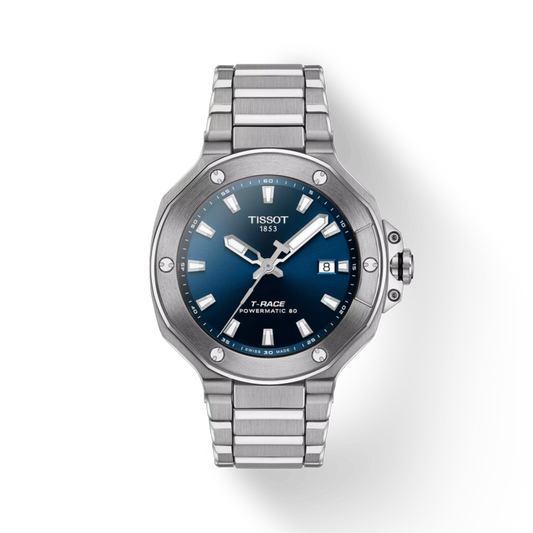 Silver Tissot watch with blue dial on a white background