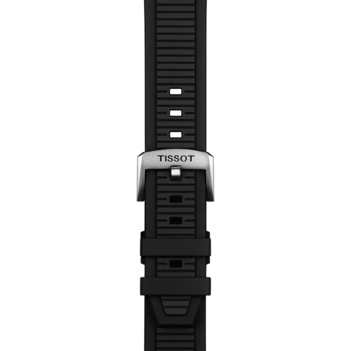 Black watch strap with Tissot logo on a white background
