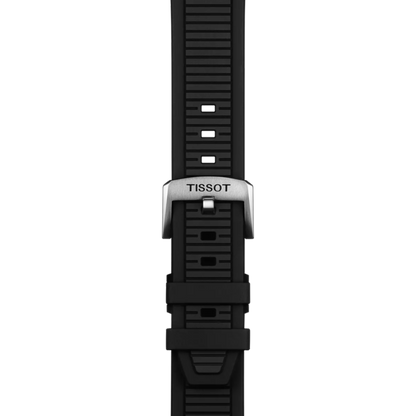 Black watch strap with Tissot logo on a white background