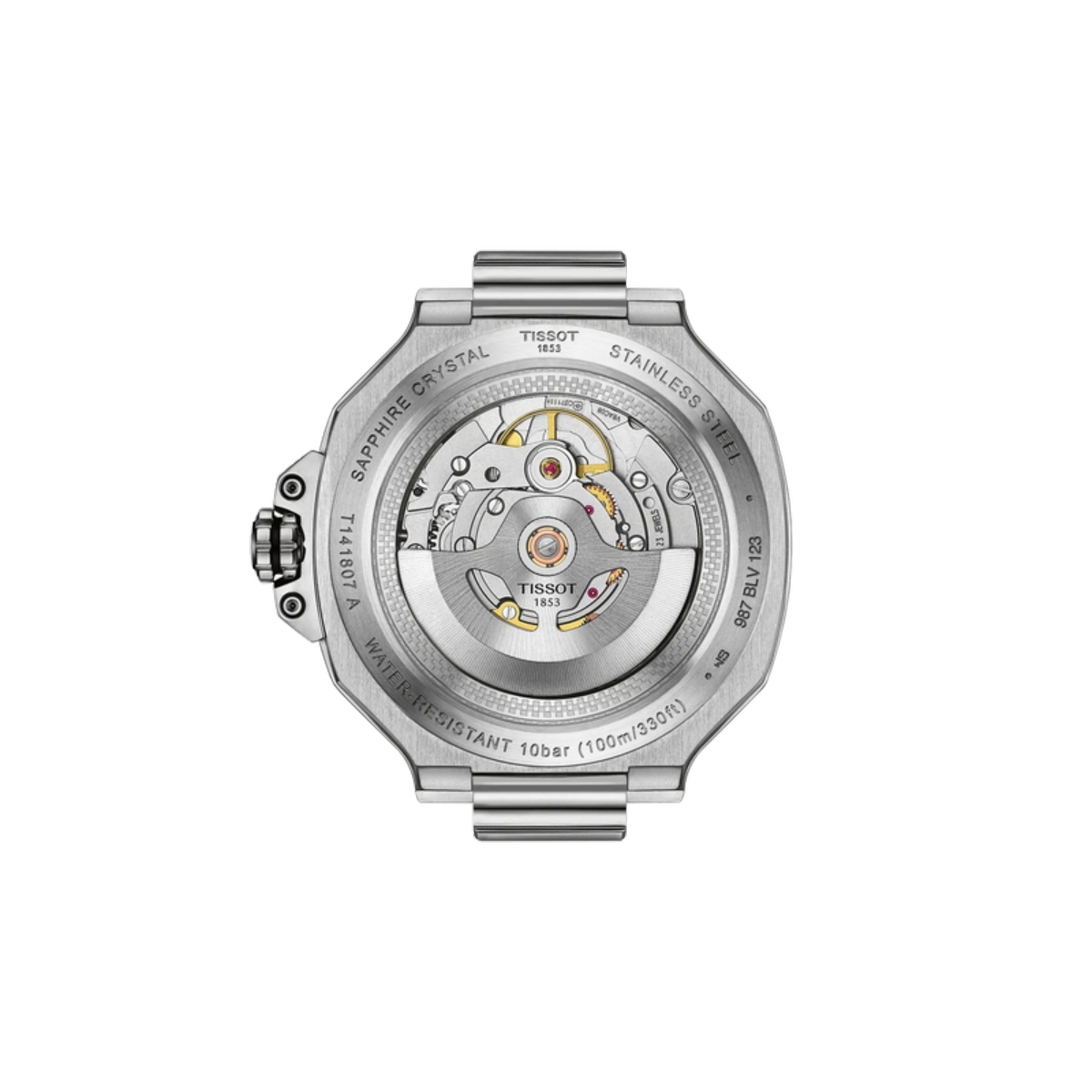 Silver Tissot watch with visible mechanical components on a white background