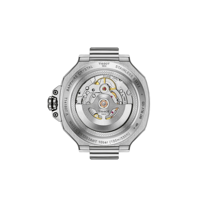 Silver Tissot watch with visible mechanical components on a white background