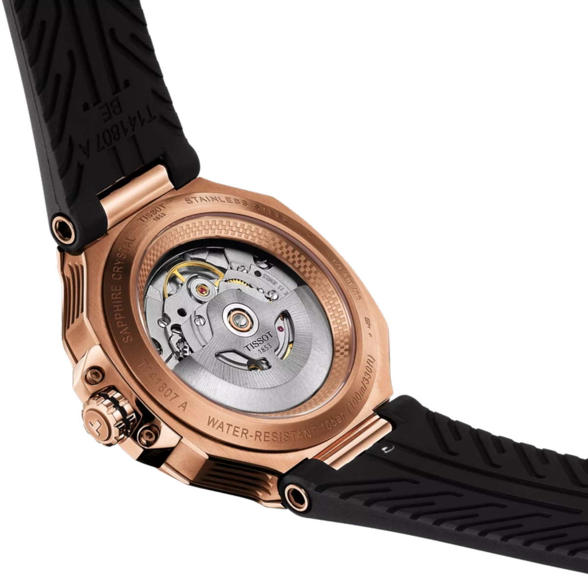 Close-up of a watch with a black strap and rose gold case on a white background