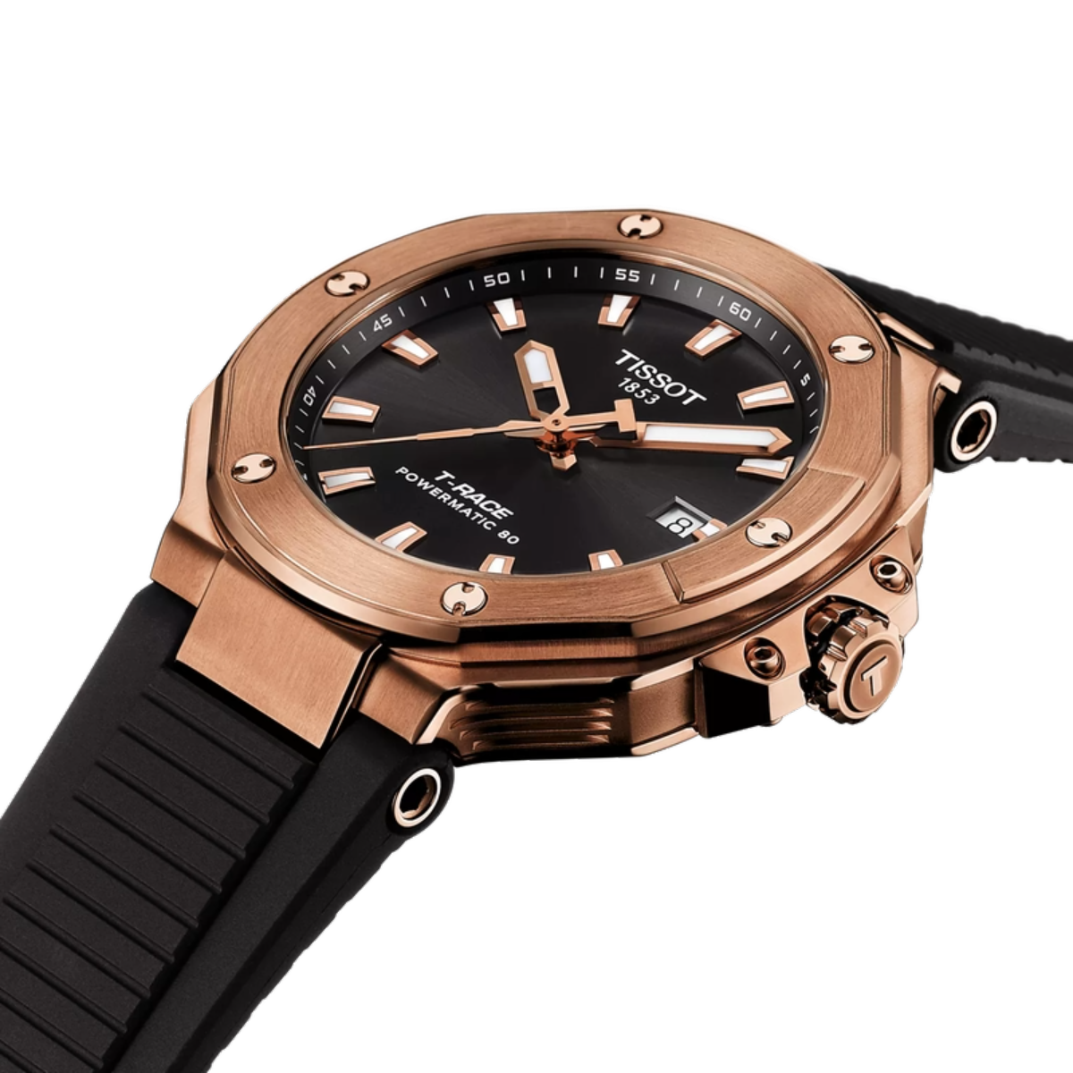 Tissot watch with rose gold case and black strap on a white background