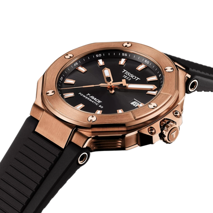 Tissot watch with rose gold case and black strap on a white background