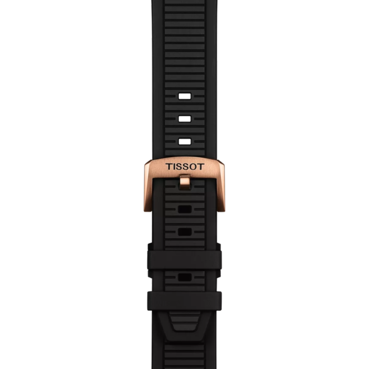 Black watch strap with rose gold Tissot clasp on a white background