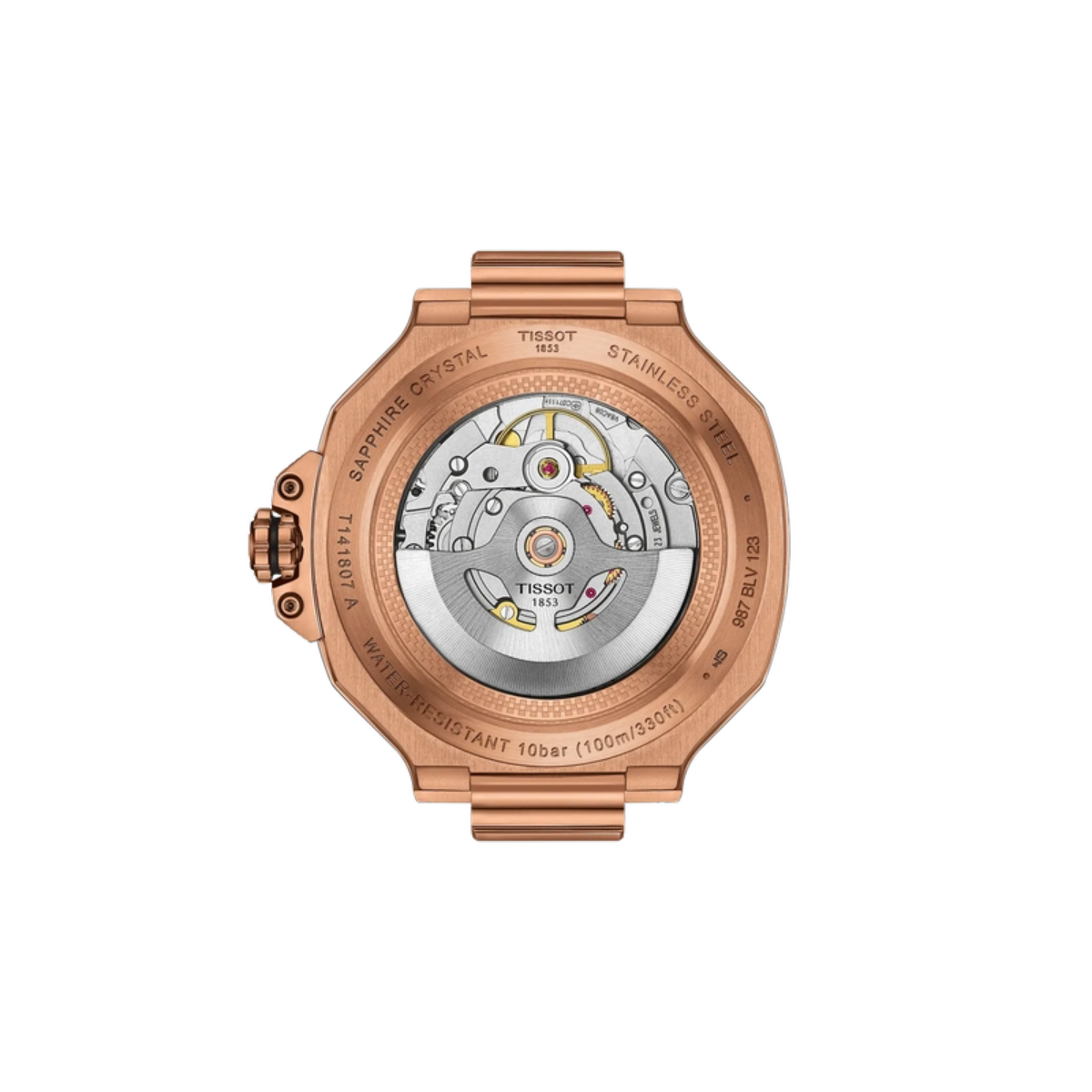 Rose gold Tissot watch with visible mechanical components on a white background