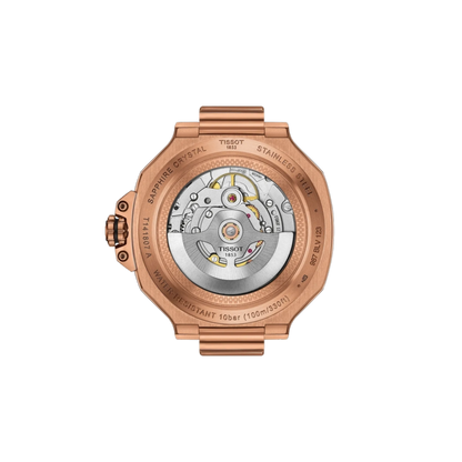 Rose gold Tissot watch with visible mechanical components on a white background